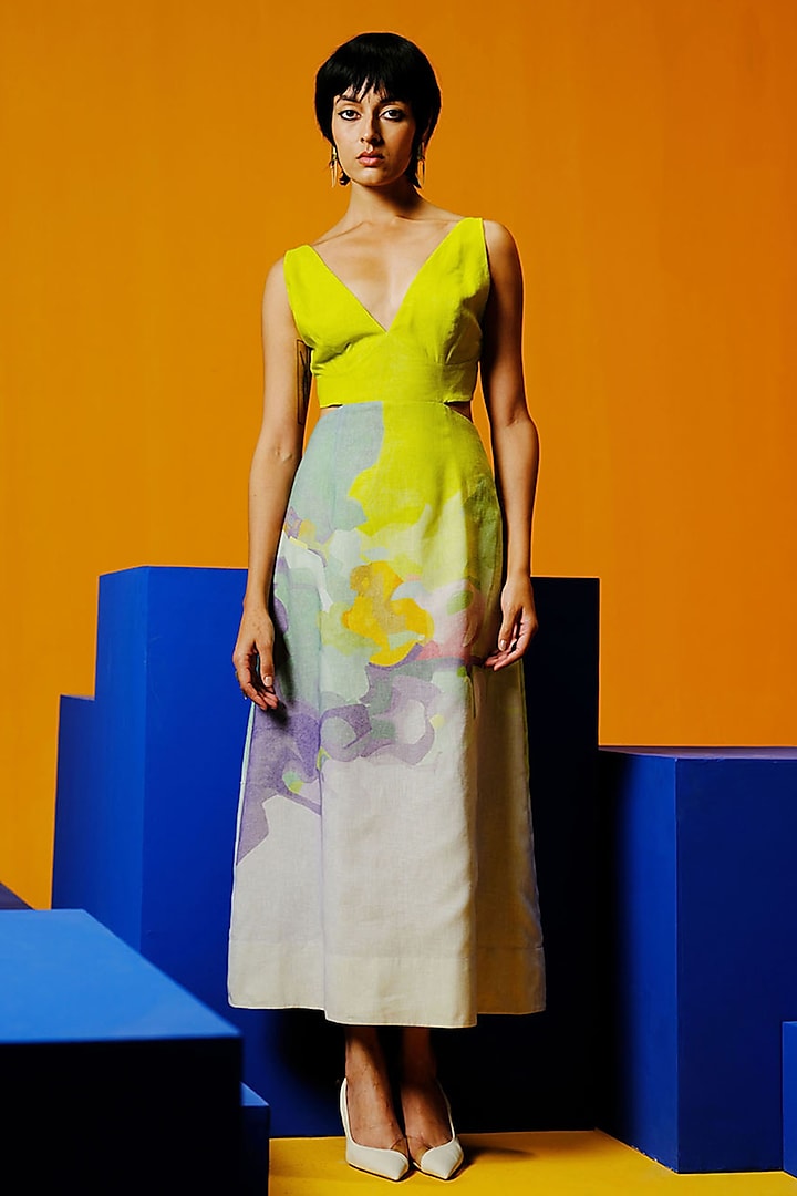 Neon Green & Blue Korean Linen A-Line Vacation Dress by CLOS at Pernia's Pop Up Shop