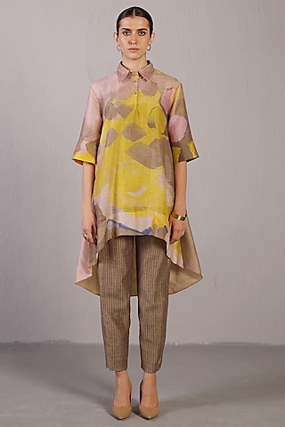 Smoky Beige & Bright Yellow Linen Silk Kurta Set by CLOS