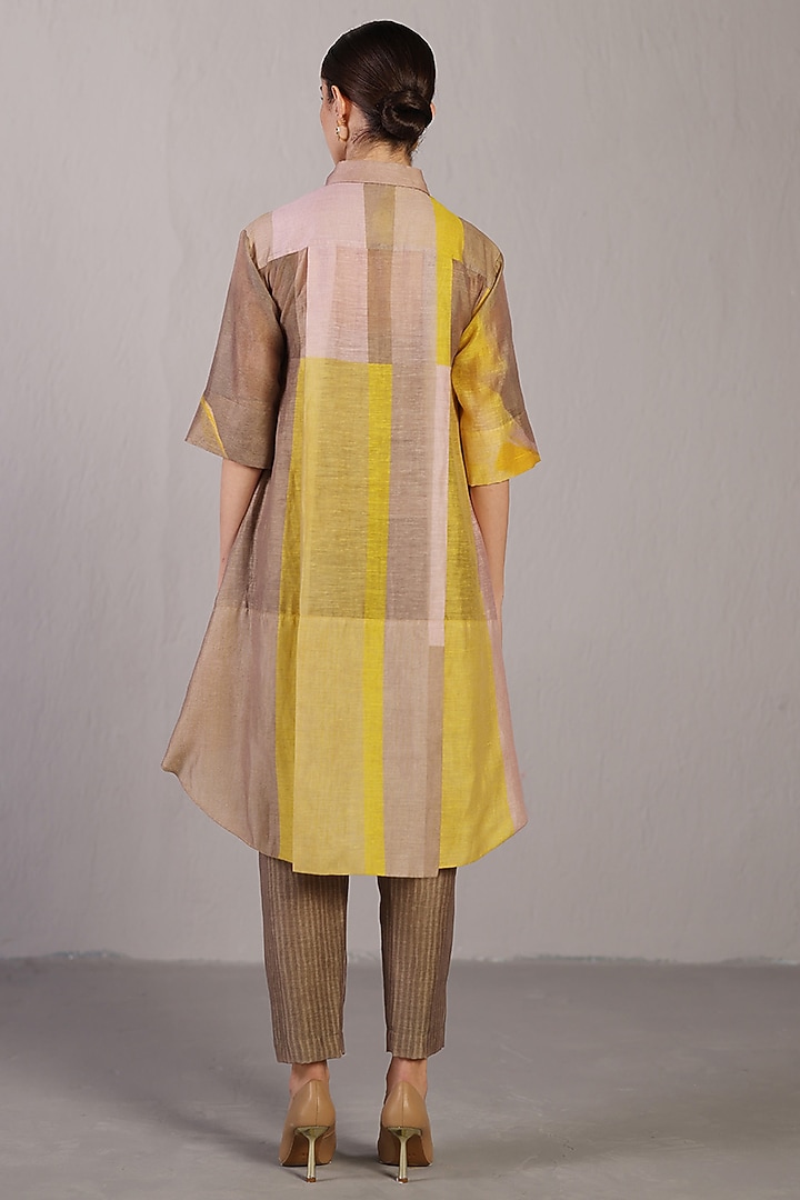 Smoky Beige & Bright Yellow Linen Silk Kurta Set by CLOS at Pernia's Pop Up Shop