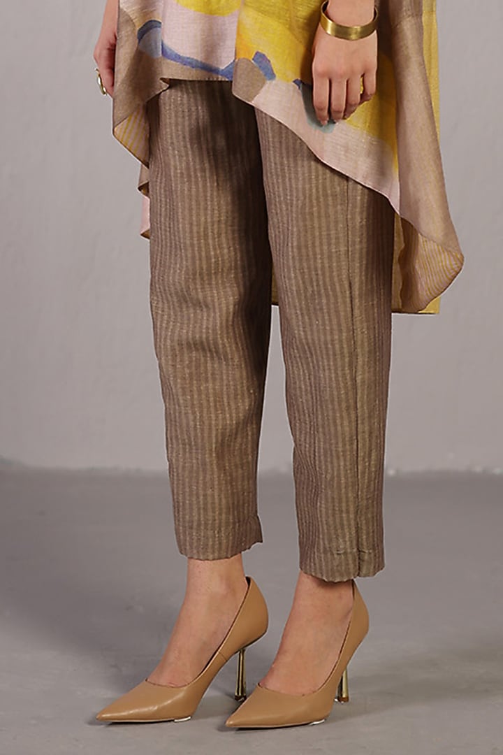 Smoky Beige & Bright Yellow Linen Silk Kurta Set by CLOS at Pernia's Pop Up Shop