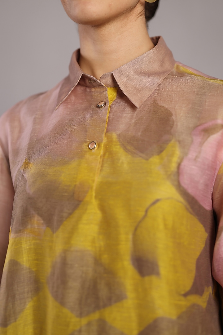 Smoky Beige & Bright Yellow Linen Silk Kurta Set by CLOS at Pernia's Pop Up Shop