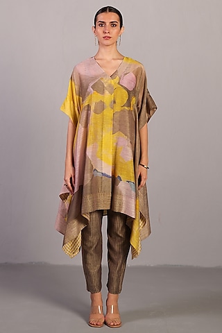 Smoky Beige & Bright Yellow Linen Silk Kurta Set by CLOS