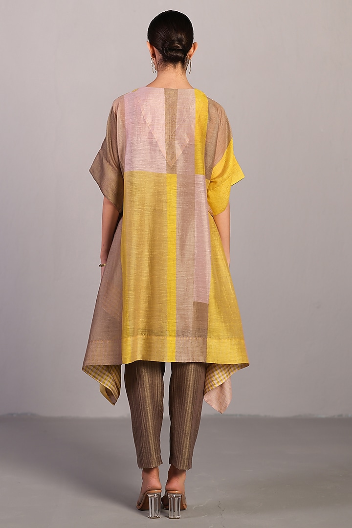 Smoky Beige & Bright Yellow Linen Silk Kurta Set by CLOS at Pernia's Pop Up Shop