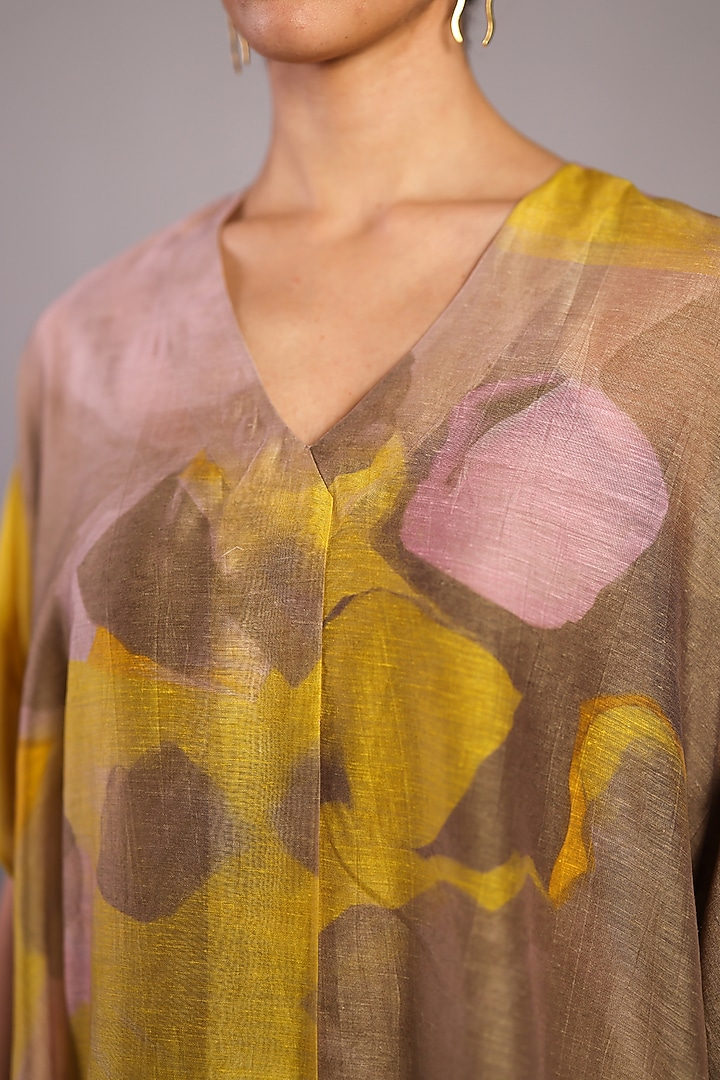 Smoky Beige & Bright Yellow Linen Silk Kurta Set by CLOS at Pernia's Pop Up Shop
