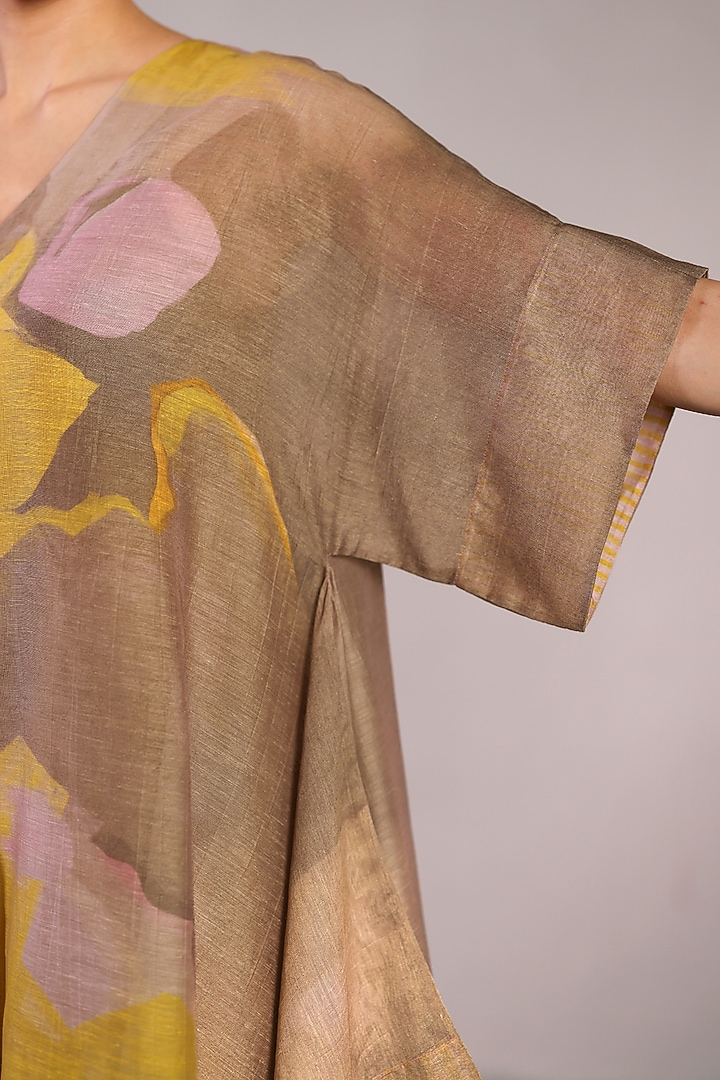 Smoky Beige & Bright Yellow Linen Silk Kurta Set by CLOS at Pernia's Pop Up Shop