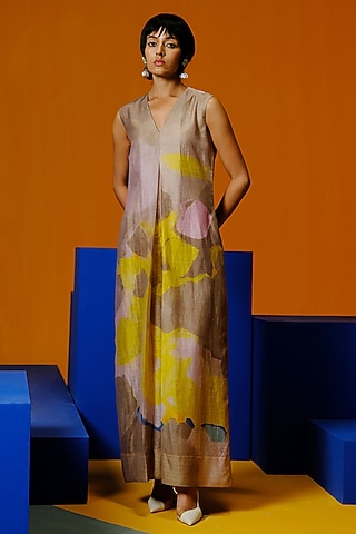 Smoky Beige & Bright Yellow Linen Silk Jumpsuit by CLOS