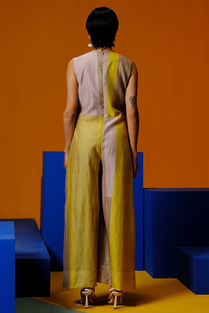 Smoky Beige & Bright Yellow Linen Silk Jumpsuit by CLOS at Pernia's Pop Up Shop