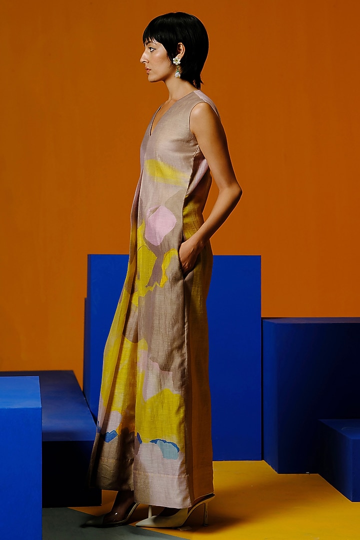 Smoky Beige & Bright Yellow Linen Silk Jumpsuit by CLOS at Pernia's Pop Up Shop
