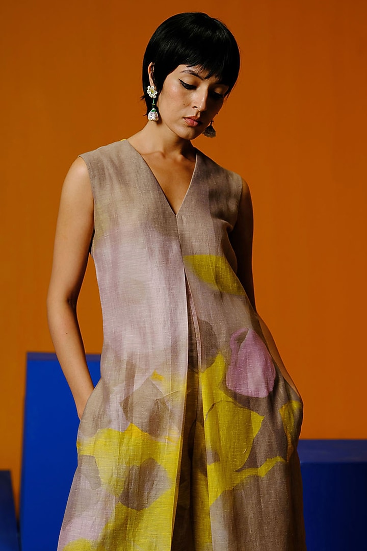 Smoky Beige & Bright Yellow Linen Silk Jumpsuit by CLOS at Pernia's Pop Up Shop