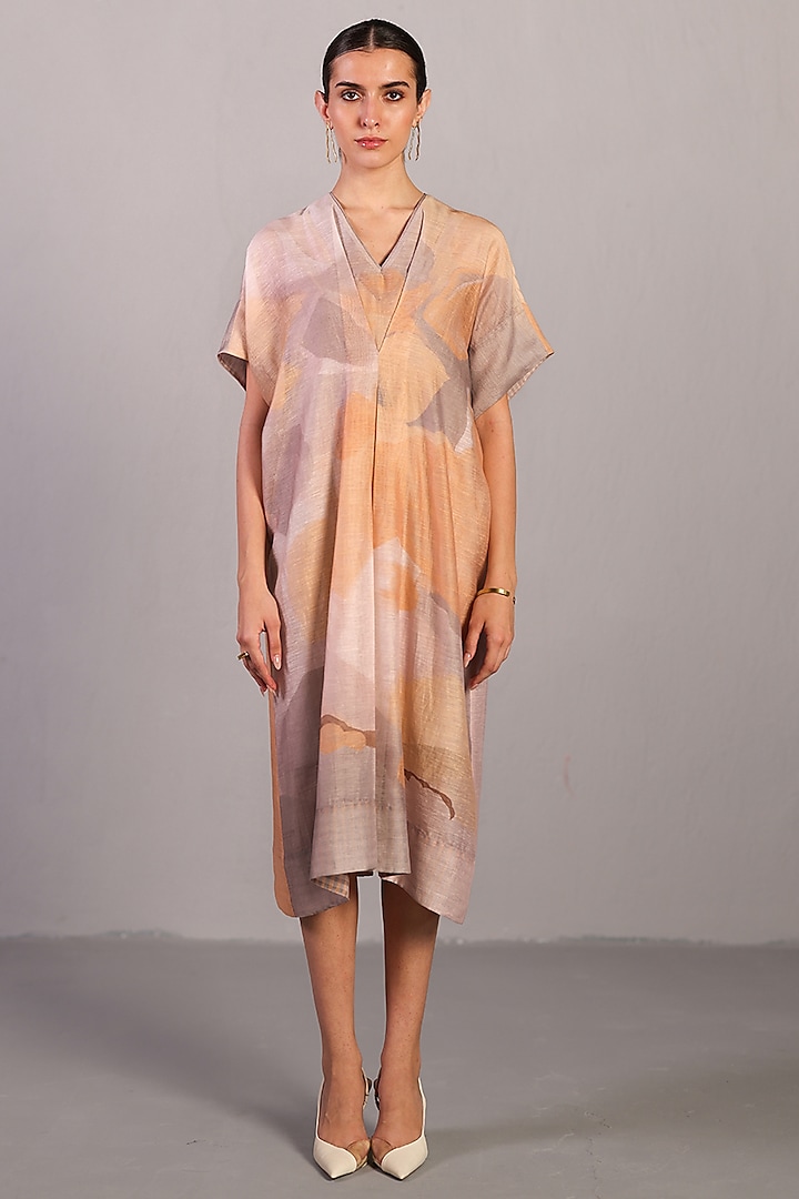 Soft Grey & Orange Linen Silk Pleated Summer Dress by CLOS at Pernia's Pop Up Shop