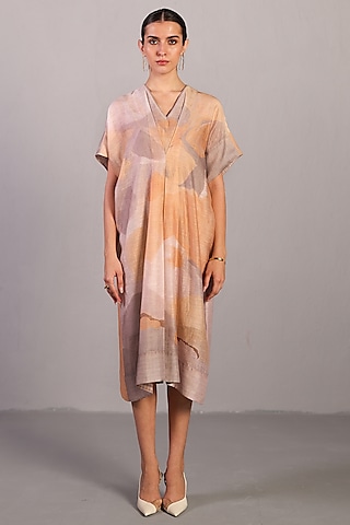 Soft Grey & Orange Linen Silk Pleated Dress by CLOS
