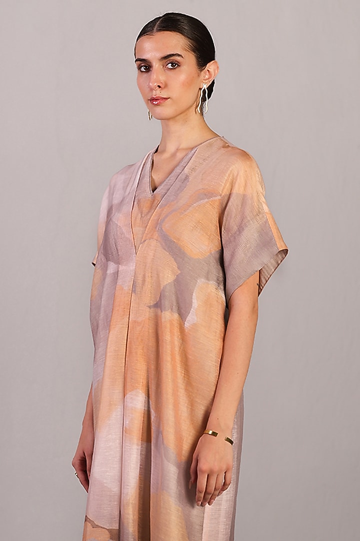 Soft Grey & Orange Linen Silk Pleated Summer Dress by CLOS at Pernia's Pop Up Shop