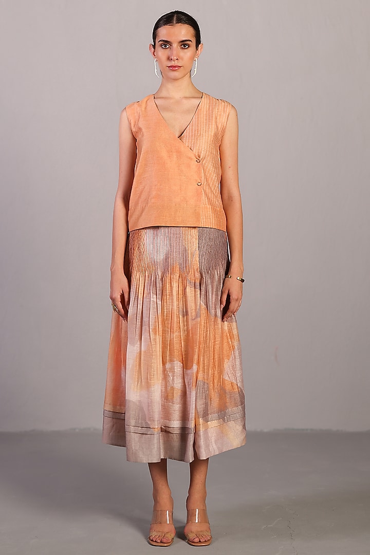 Soft Grey & Orange Linen Silk Pleated Skirt Set by CLOS at Pernia's Pop Up Shop