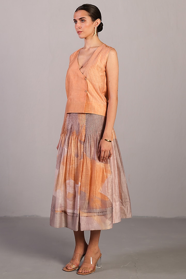 Soft Grey & Orange Linen Silk Pleated Skirt Set by CLOS at Pernia's Pop Up Shop