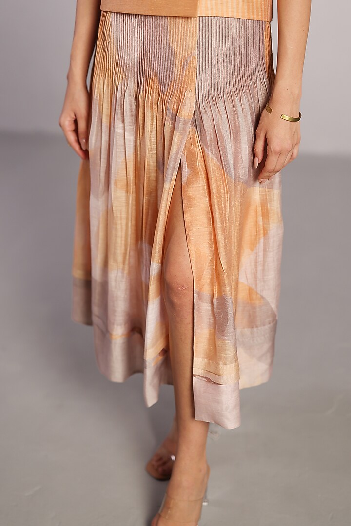 Soft Grey & Orange Linen Silk Pleated Skirt Set by CLOS at Pernia's Pop Up Shop