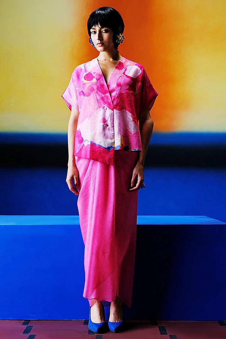 Blush Pink Linen Silk Dhoti Skirt Set by CLOS at Pernia's Pop Up Shop