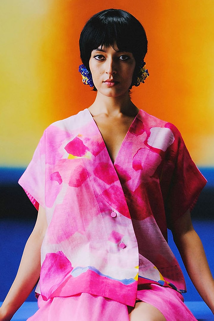 Blush Pink Linen Silk Dhoti Skirt Set by CLOS at Pernia's Pop Up Shop