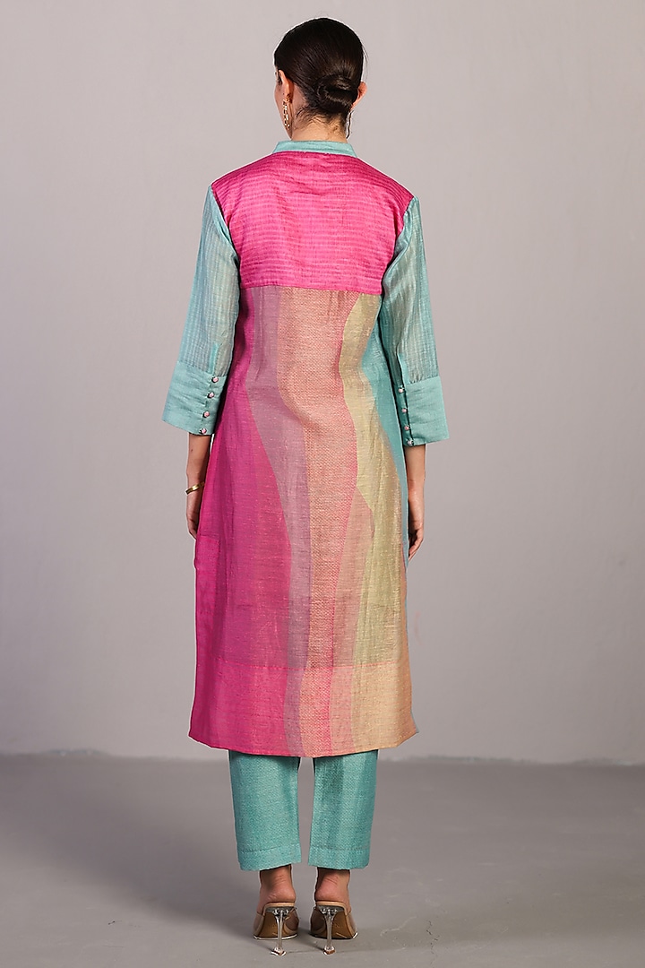 Pink & Blue Linen Silk Kurta Set by CLOS at Pernia's Pop Up Shop