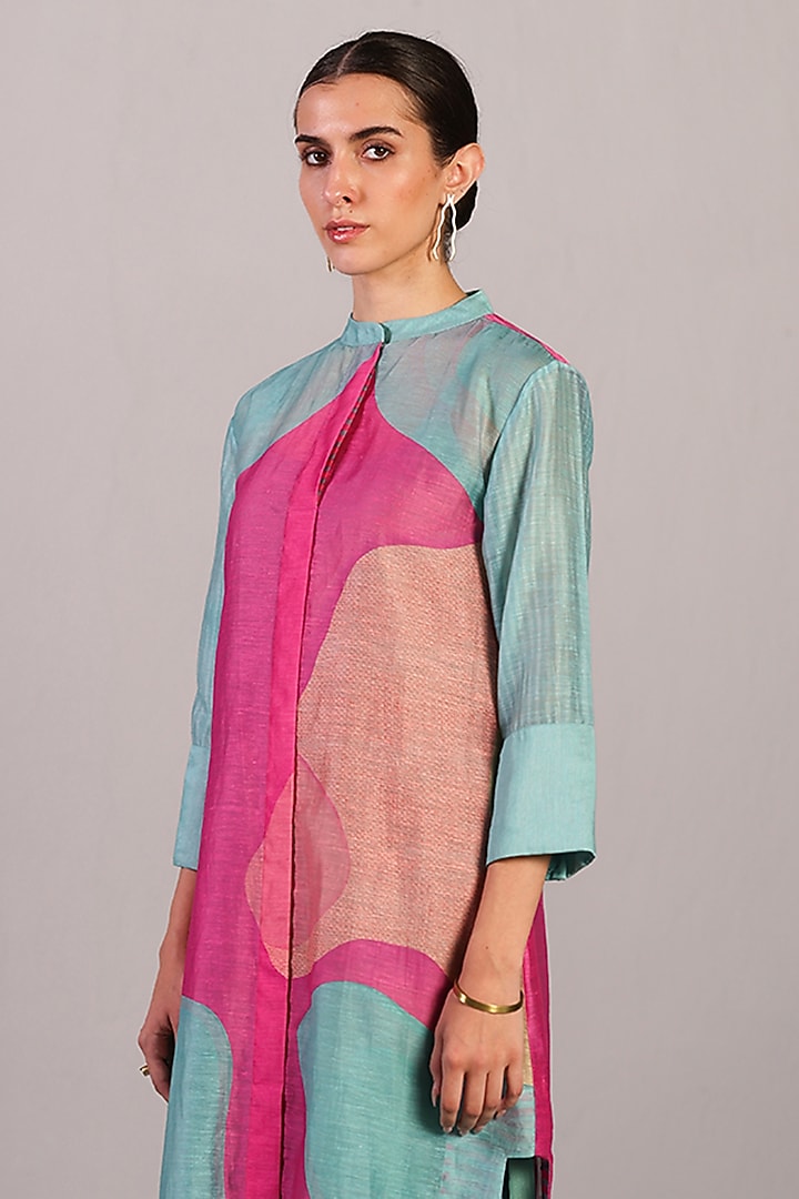 Pink & Blue Linen Silk Kurta Set by CLOS at Pernia's Pop Up Shop