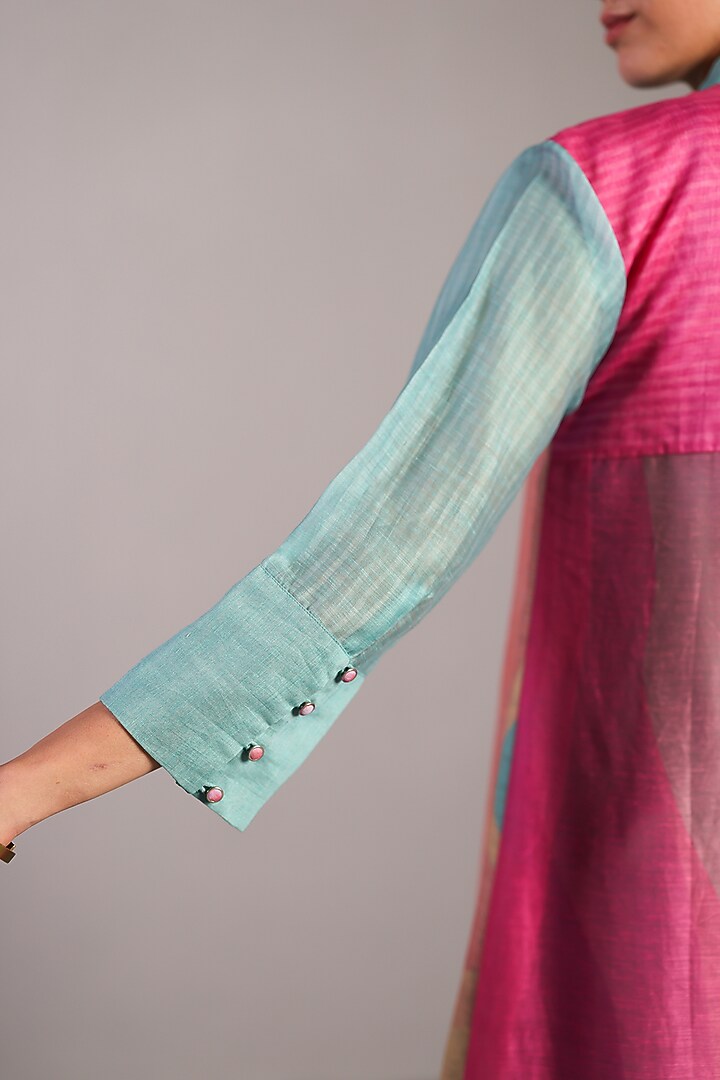 Pink & Blue Linen Silk Kurta Set by CLOS at Pernia's Pop Up Shop