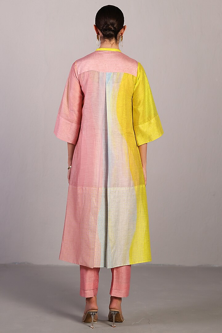 Soft Pink & Bright Yellow Linen Silk High-Low Kurta Set by CLOS at Pernia's Pop Up Shop