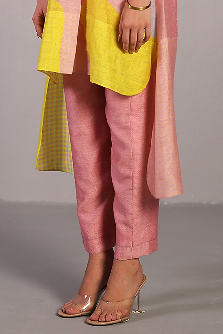 Soft Pink & Bright Yellow Linen Silk High-Low Kurta Set by CLOS at Pernia's Pop Up Shop