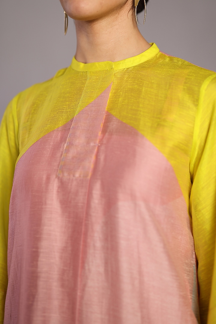 Soft Pink & Bright Yellow Linen Silk High-Low Kurta Set by CLOS at Pernia's Pop Up Shop