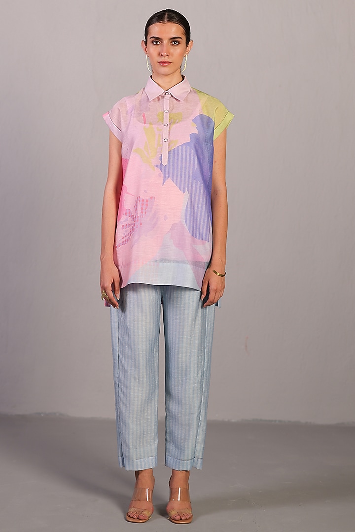Orchid Pink & Powder Blue Linen Silk Co-Ord Set by CLOS at Pernia's Pop Up Shop