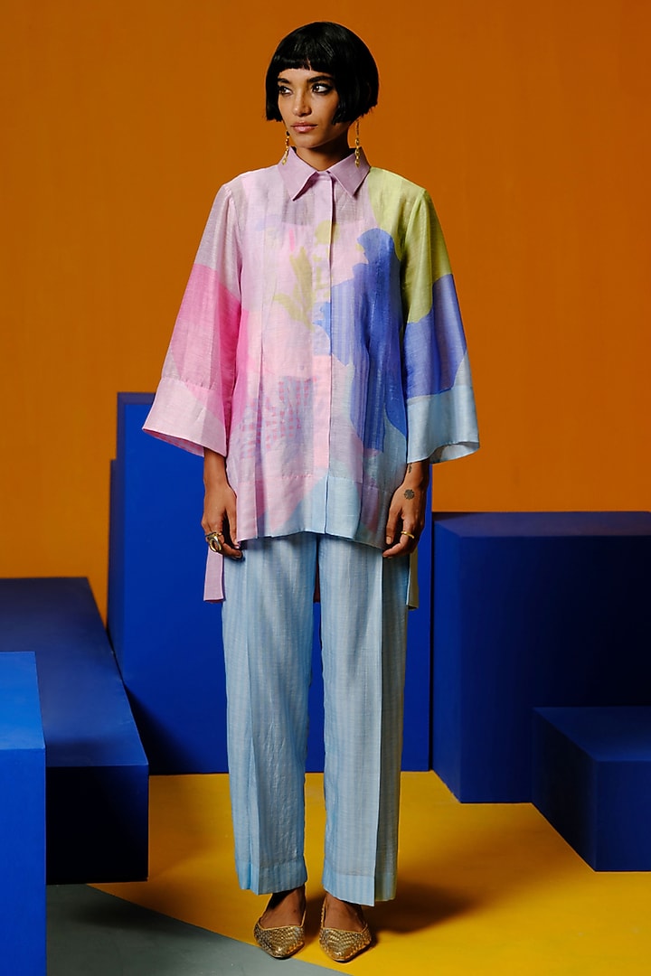 Orchid Pink & Powder Blue Linen Silk Co-Ord Set by CLOS at Pernia's Pop Up Shop