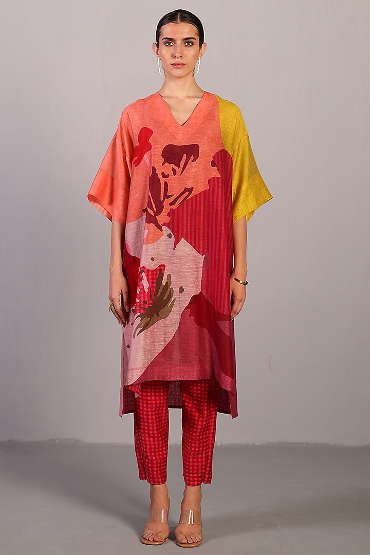 Orange-Red Linen Silk High-Low Kurta Set by CLOS at Pernia's Pop Up Shop