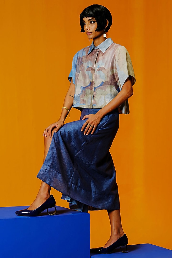 Pastel Blue & Green Linen Silk Co-Ord Set by CLOS at Pernia's Pop Up Shop