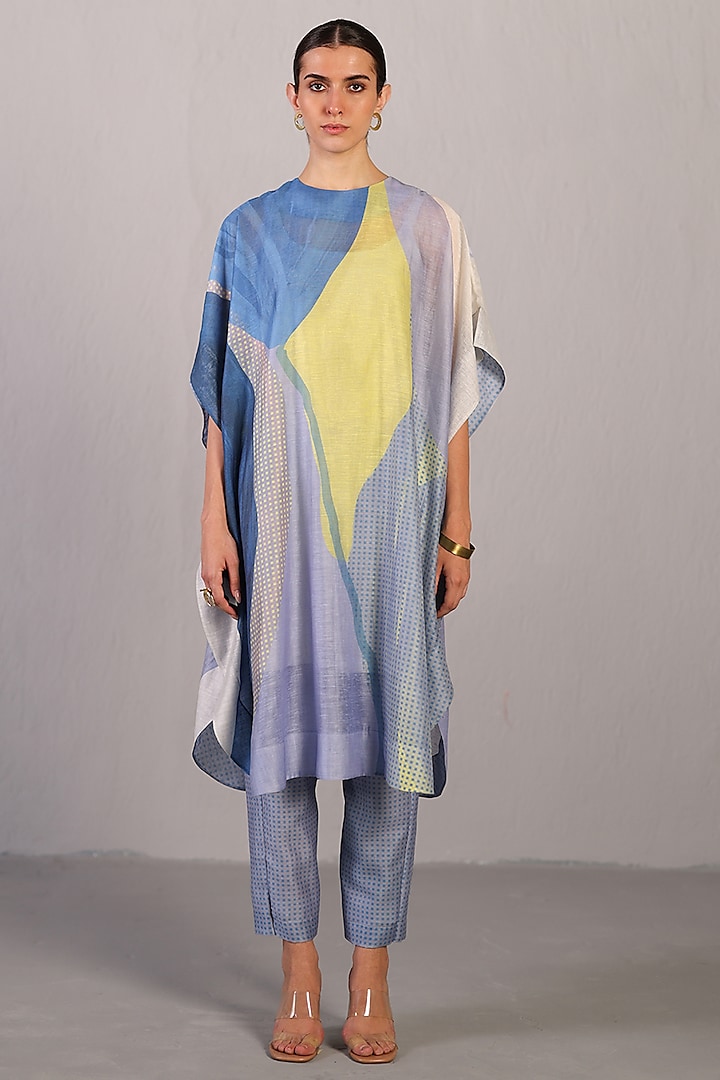 Blueberry & Coral Yellow Linen Silk Kaftan Set by CLOS at Pernia's Pop Up Shop