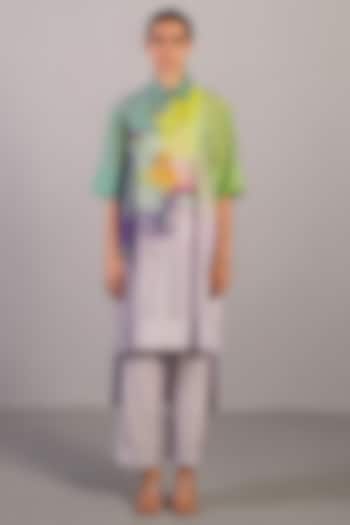 Neon Blue & Green Linen Silk High-Low Kurta Set by CLOS at Pernia's Pop Up Shop