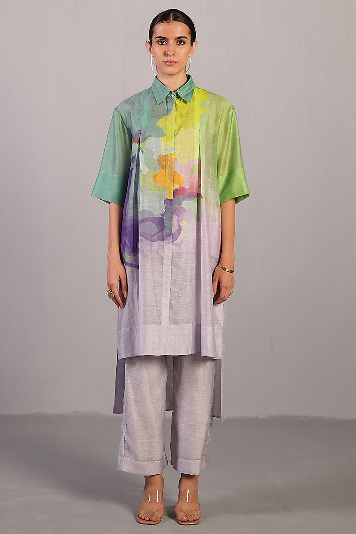 Neon Blue & Green Linen Silk High-Low Kurta Set by CLOS at Pernia's Pop Up Shop