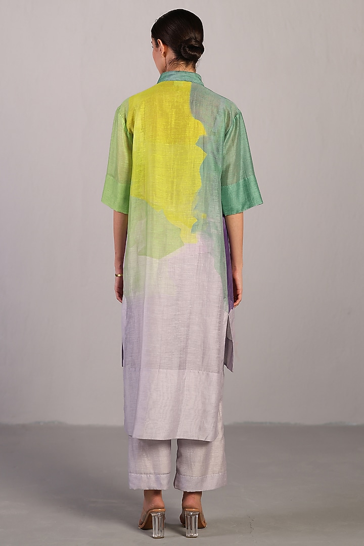 Neon Blue & Green Linen Silk High-Low Kurta Set by CLOS at Pernia's Pop Up Shop