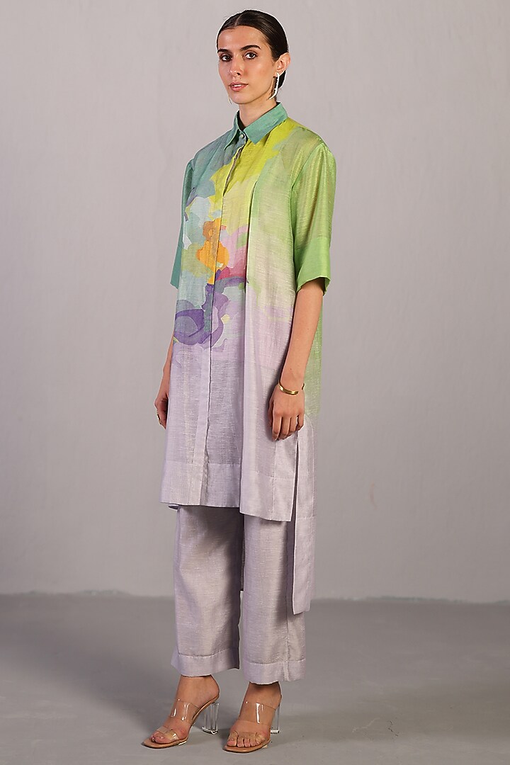 Neon Blue & Green Linen Silk High-Low Kurta Set by CLOS at Pernia's Pop Up Shop