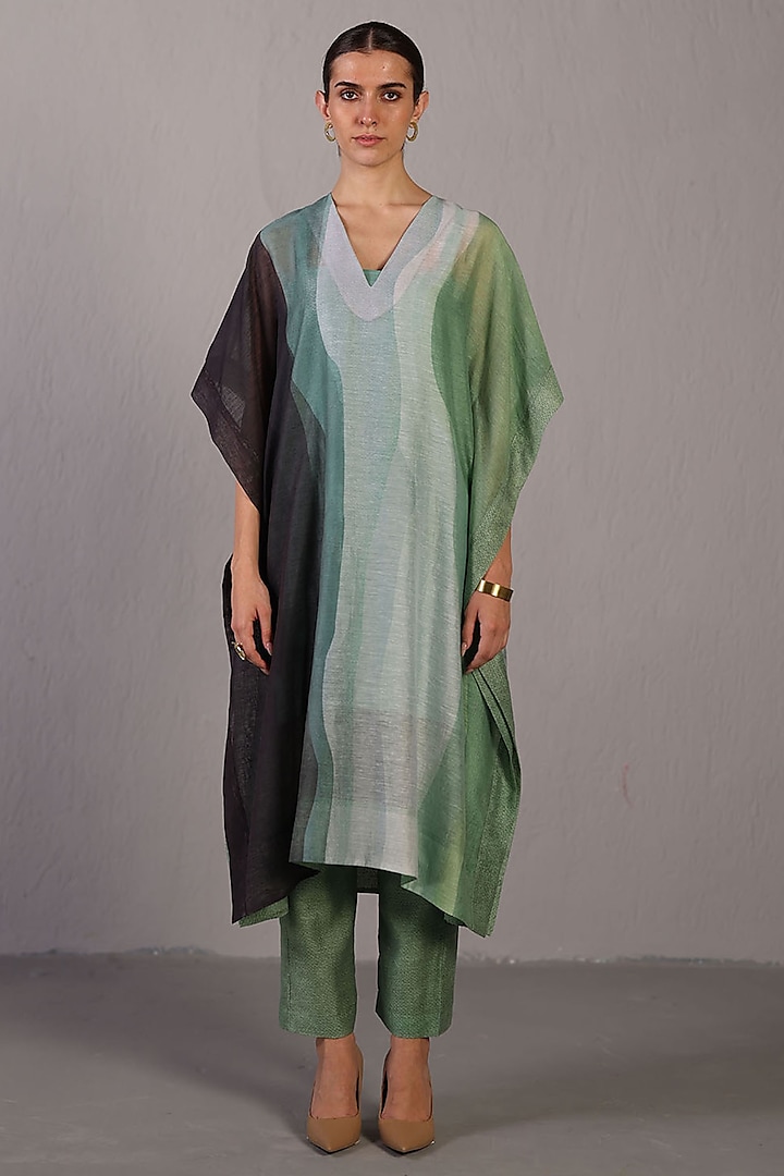 Black & Cool Green Linen Silk Kaftan Set by CLOS at Pernia's Pop Up Shop
