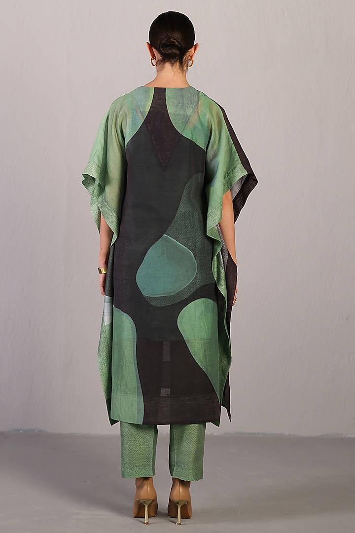 Black & Cool Green Linen Silk Kaftan Set by CLOS at Pernia's Pop Up Shop