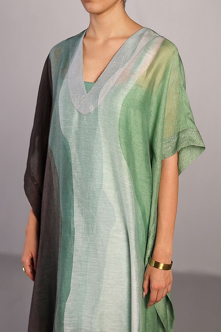 Black & Cool Green Linen Silk Kaftan Set by CLOS at Pernia's Pop Up Shop
