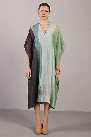 Black & Cool Green Linen Silk Kaftan Dress by CLOS