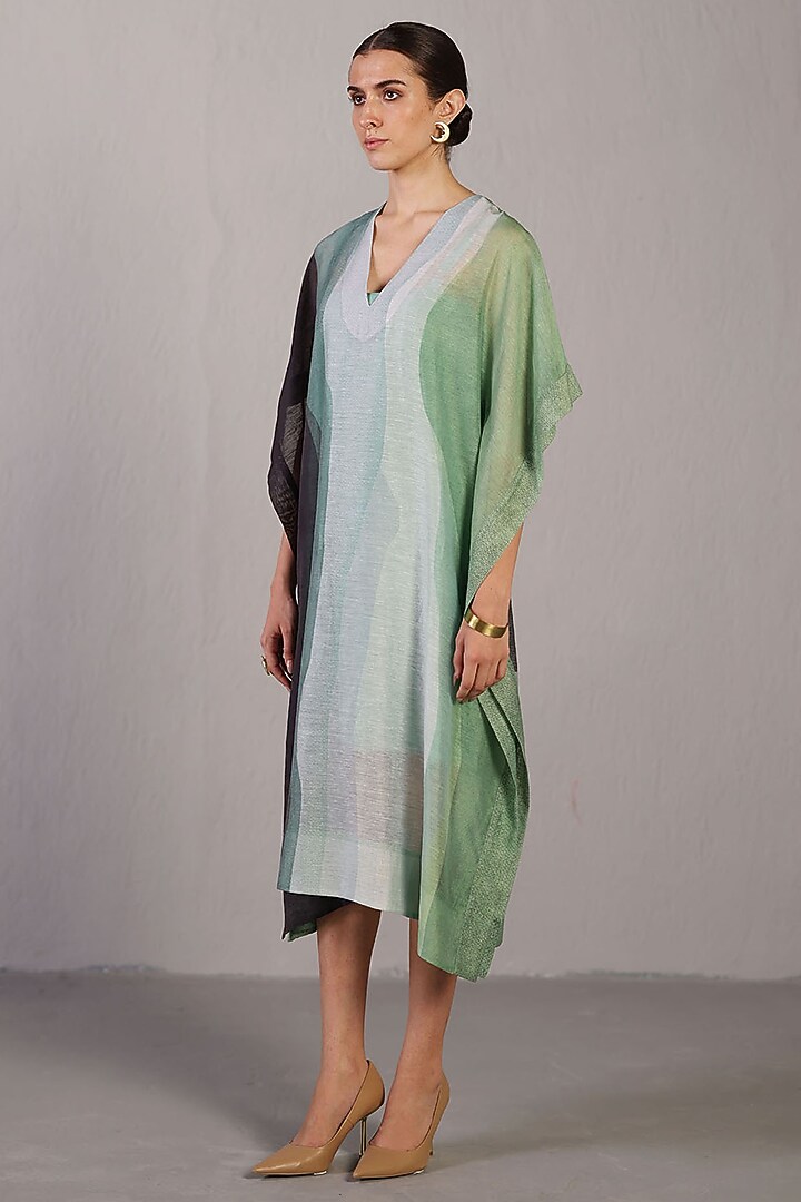 Black & Cool Green Linen Silk Kaftan Dress by CLOS at Pernia's Pop Up Shop