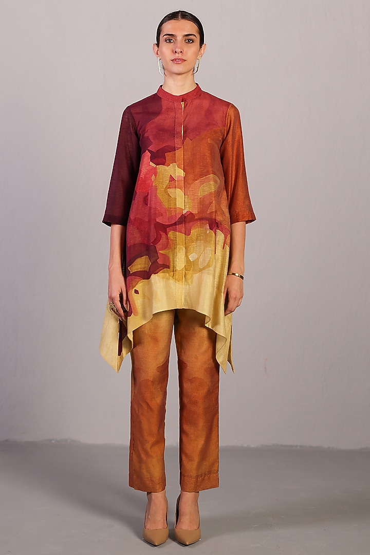 Wine & Cream Linen Silk Co-Ord Set by CLOS at Pernia's Pop Up Shop