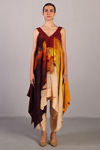 Wine & Cream Linen Silk Co-Ord Set by CLOS