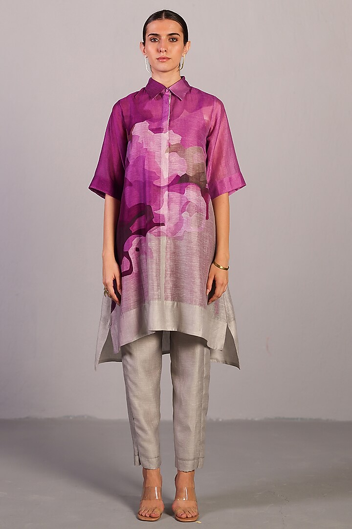 Beetroot Purple & Light Grey Linen Silk Kurta Set by CLOS at Pernia's Pop Up Shop
