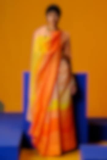Bright Orange & Yellow Linen Silk Printed Party Wear Saree Set by CLOS at Pernia's Pop Up Shop