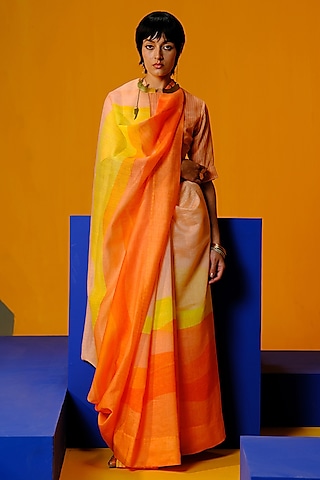 Bright Orange & Yellow Linen Silk Printed Saree Set by CLOS