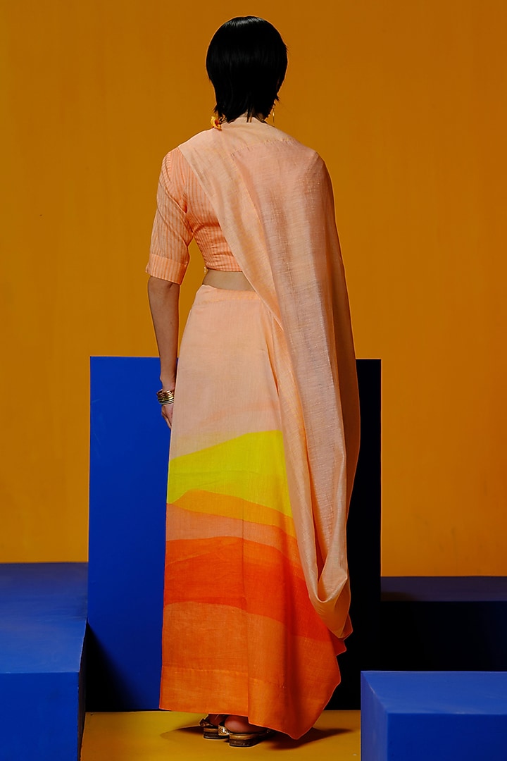 Bright Orange & Yellow Linen Silk Printed Party Wear Saree Set by CLOS at Pernia's Pop Up Shop