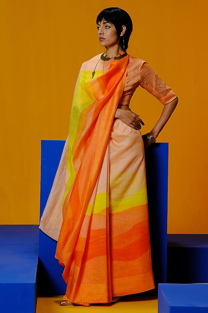 Bright Orange & Yellow Linen Silk Printed Party Wear Saree Set by CLOS at Pernia's Pop Up Shop