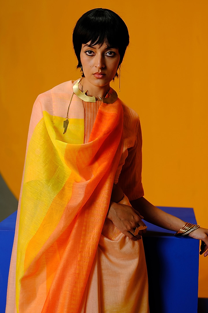 Bright Orange & Yellow Linen Silk Printed Party Wear Saree Set by CLOS at Pernia's Pop Up Shop