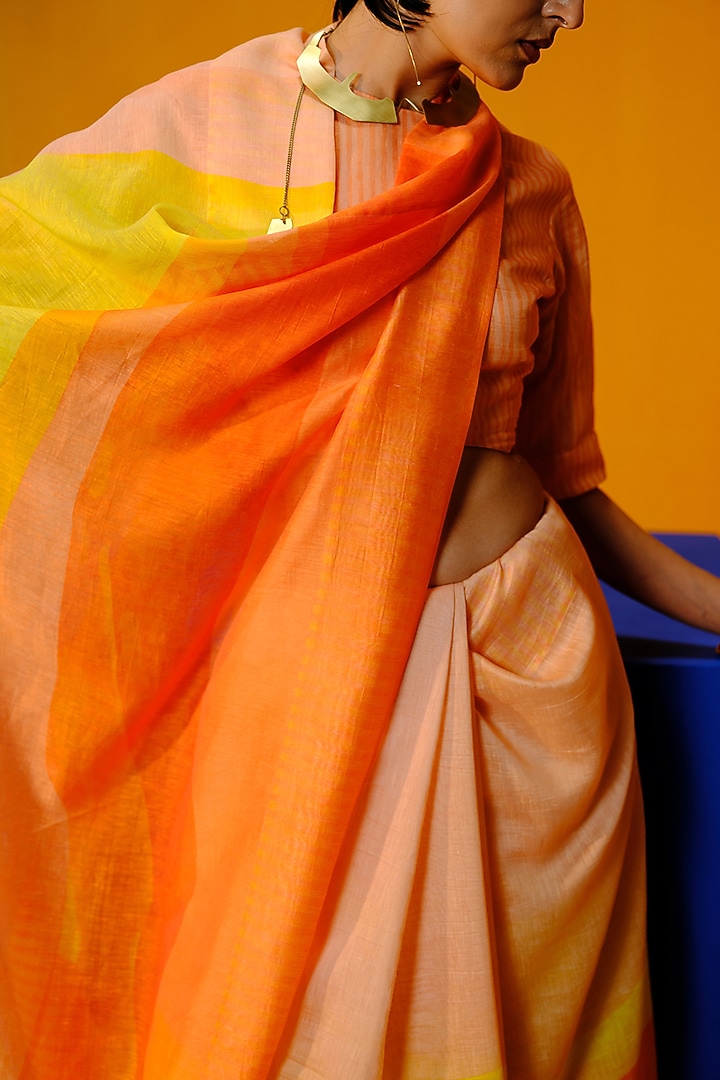 Bright Orange & Yellow Linen Silk Printed Party Wear Saree Set by CLOS at Pernia's Pop Up Shop